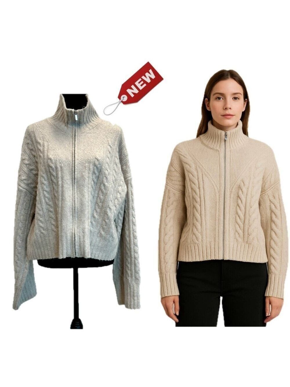 William Rast sand beige gray cableknit long sleeve high neck sweater full zip